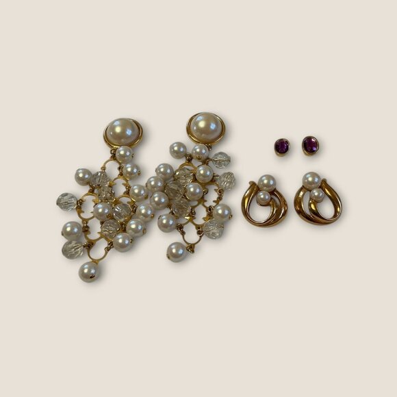 Avon Earrings Lot Of 3 Pearl Dangle & Purple Gem Studs Vintage Jewelry - Picture 2 of 3